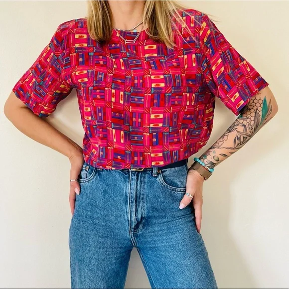 Vintage QUO-SILK Contrast abstract boho Top t-Shirt 100%silk - Picture 4 of 8